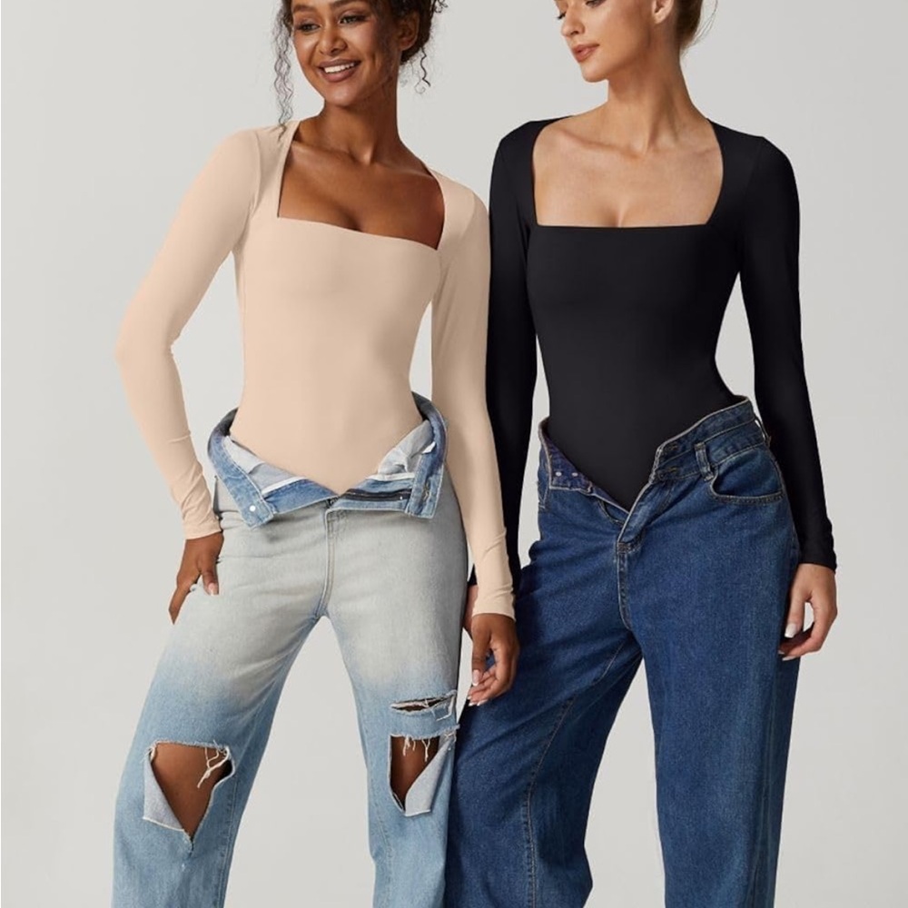 Elegant Long Sleeve Bodysuit - Black Square neck